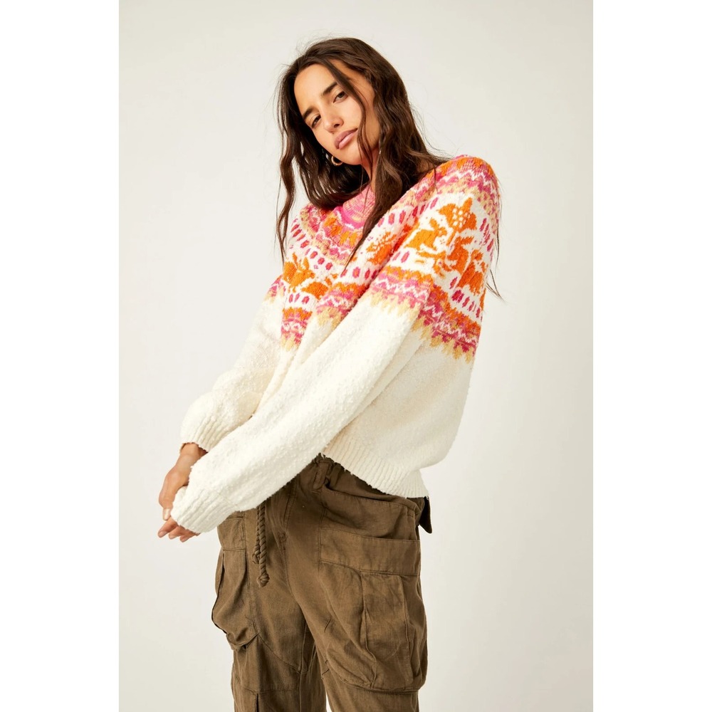 Free People Fair Isle Cropped Nellie Rabbit Knit Sweater Pink Orange S Casual